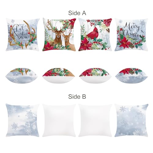 Bonhause Christmas Throw Pillow Covers 18x18 Inch Set of 4 - Cardinal & Reindeer Design