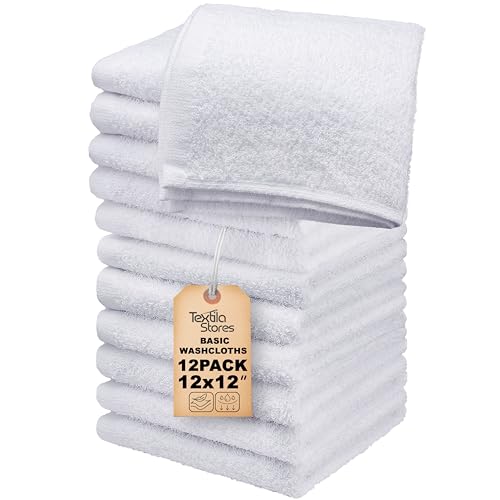 Textila Cotton Washcloths 12x12 Inches, 12-Pack - Soft White Towels