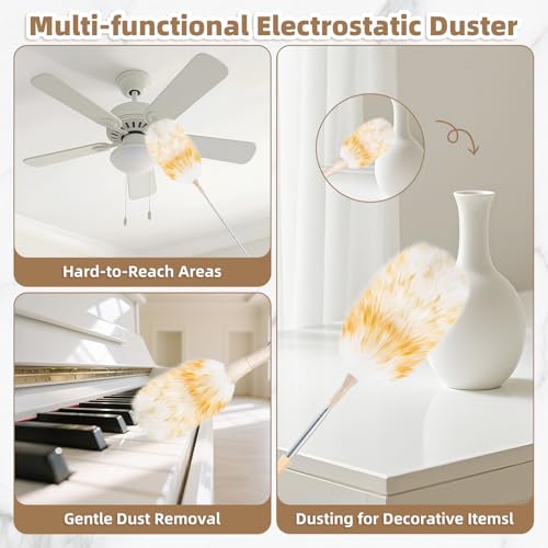 LOVECO Pale Yellow Lambs Wool Duster - Extendable 29-49 Inch for Scratch-Free Cleaning