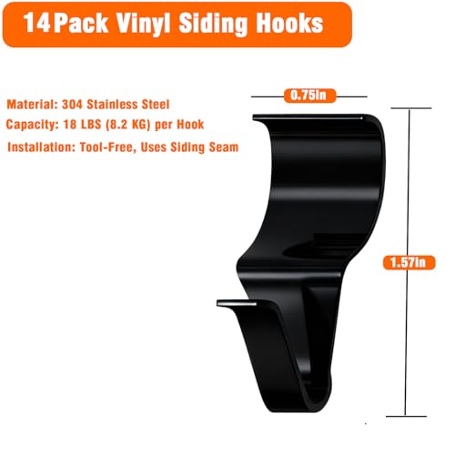 YUNFOOK 14 Pcs Stainless Steel Vinyl Siding Hooks - No-Hole Outdoor Hangers