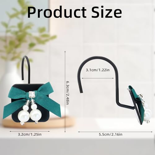 Green Satin Bowknot Shower Curtain Hooks Set - 12 Metal Hangers for Bathroom & Bedroom