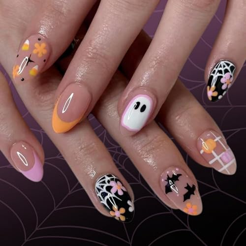 Halloween Press on Nails Short Almond Fake Nails Ghost Bat Design 24Pcs