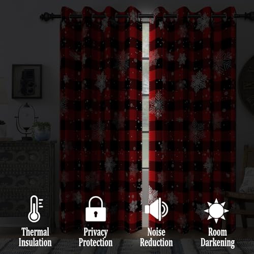 Blackout Curtains for Bedroom 2 Panels Set - Red and Black Buffalo Snowflakes, 26x63 Inch