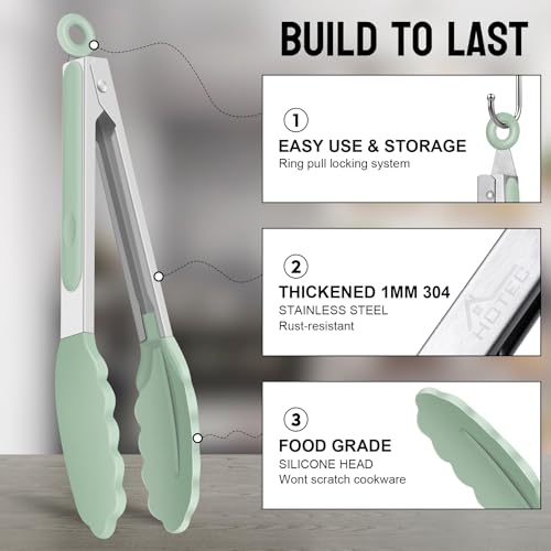 HOTEC 7-Inch Mini Silicone Kitchen Tongs - Heat Resistant Set of 3 (Light Green)