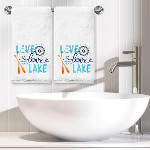 Embroidered Lake House Hand Towels Set of 2 - Soft Cotton, 14x30 Inches