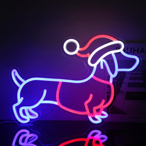 Blue Red White Dachshund Neon Sign with Christmas Hat LED Wall Light for Party Decor