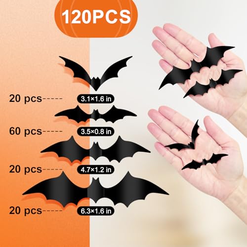 120PCS Halloween Bat Wall Decor - 3D Scary PVC Stickers