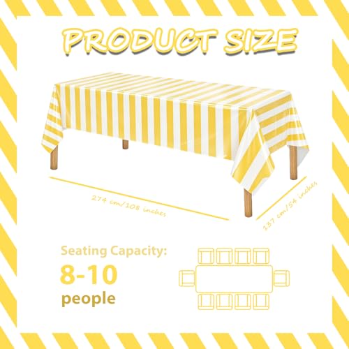 OQOQ Yellow and White Striped Disposable Tablecloths - 54x108 Inch, 3 Pack