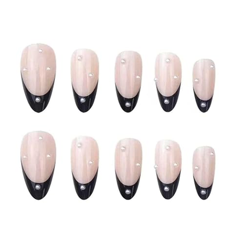 Black French Tip Almond Press On Nails with Pearl Design 24 Pcs