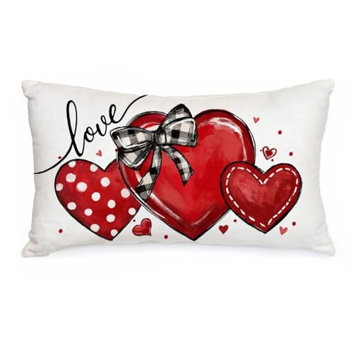 Valentine's Day Red Heart Pillow Cover 12x20 Inch Farmhouse Decor