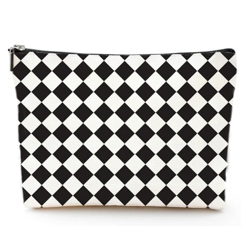 HBOPAN Black Rhombus Travel Makeup Bag Soft Linen Cosmetic Pouch