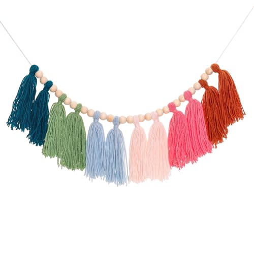 Boho Tassel Garland Yarn Bunting Banner with Wood Beads for Nursery Wall Decor