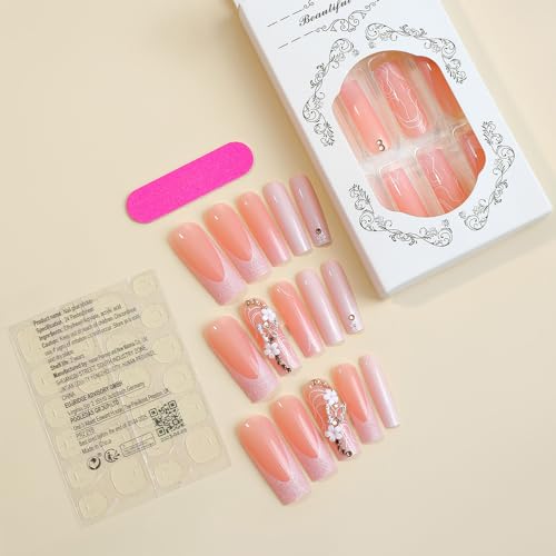 Ombre Pink Long Square Press on Nails with French Tip & Rhinestone Butterfly