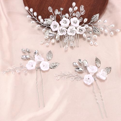 Chanaco Bridal Hair Accessories Silver Hair Comb and Pins Set with Pearls