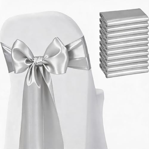 Silver Satin Chair Sashes 50 Pack Wedding Decorations Banquet Ribbons