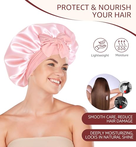 HiRui Double-Layer Silk Satin Sleep Bonnet with Adjustable Tie - Pink Medium