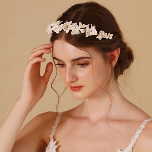 SELFCLOUD Handmade Resin Clay Flower Bridal Headband Gold Wedding Headpiece