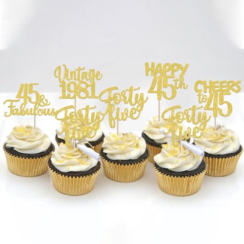 30PCS 45th Birthday Cupcake Toppers Vintage 1981 Gold Glitter Picks