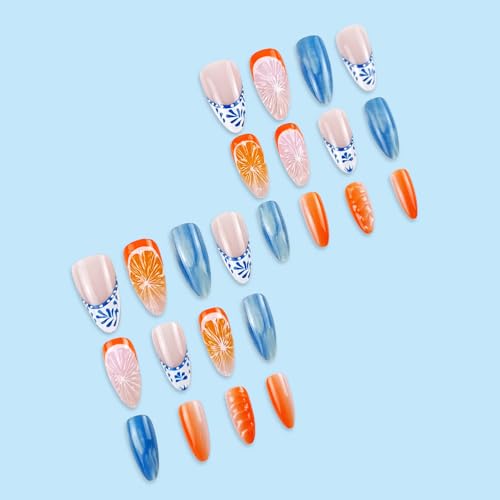 Posyofet 24Pcs Summer French Tip Almond Press On Nails with Fruit Design