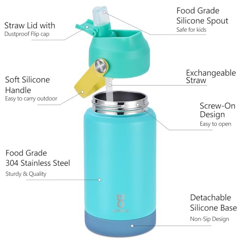 Yawbay 12 oz Stainless Steel Insulated Kids Water Bottle - Blue with Straw