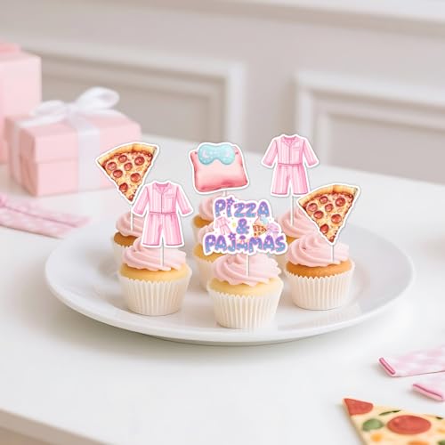 24 Pizza and Pajamas Cupcake Toppers for Birthday Parties