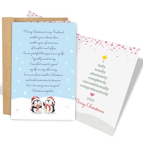 Penguin Christmas Card for Husband – Cute Romantic Xmas Card with Envelope