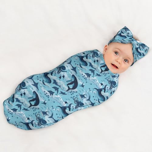 Sea Waves Baby Swaddle Blanket Set with Headband for Newborns
