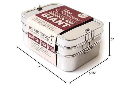 ECOlunchbox Three-in-One GIGANTIC Bento Box (49oz) – 3 Piece Jumbo Stainless Steel Lunch Container – Plastic Free, Non Toxic, Nestable, Dishwasher-Safe for Big Appetites, Not Leak-Proof