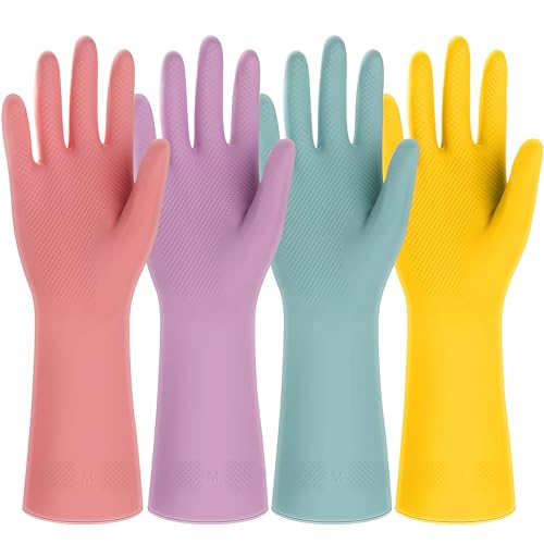 Reusable Rubber Cleaning Gloves - 4 Color Set for Dishwashing & Household Chores