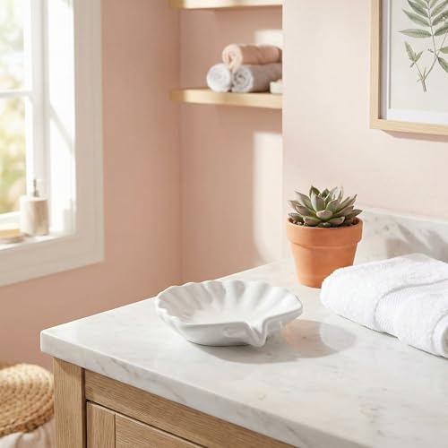 Ceramic Sea-Shell Soap Holder with Self-Draining Design - Elegant and Easy-Clean (White)