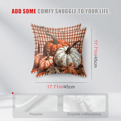 HOMETITUTE Fall Pumpkin Plaid Throw Pillow Covers 18x18 Inch - Set of 2, Autumn Thanksgiving Decor, Variation #04