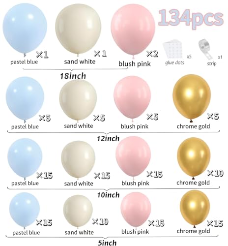 Gender Reveal Balloon Arch Kit - Blue Pink Gold 134pcs