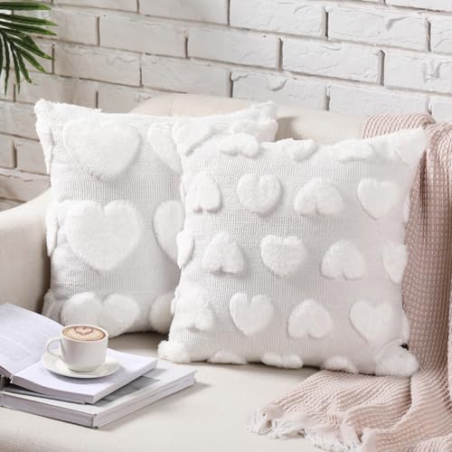 Beige Valentine's Day Heart Throw Pillow Covers 18x18 Inch - 2 Pack, Plush Faux Fur Jacquard Love Pillow Cases for Home & Living Room Decor