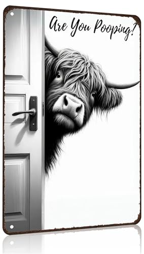 Funny Highland Cow Tin Sign - Are You Pooping? 8x12 Inch Bathroom Decor
