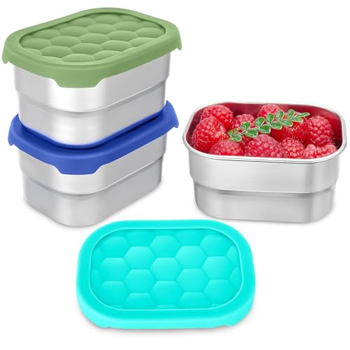 Gencywe Blue 3 Pack Stainless Steel Snack Containers for Kids - Leak Proof & Reusable, 8oz Toddler Lunch Boxes with Silicone Lids