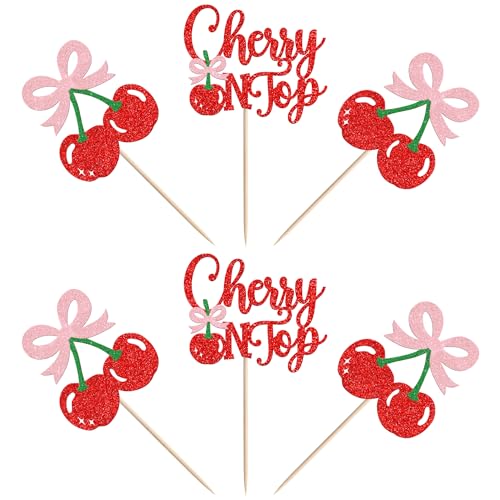 24 PCS Cherry On Top Cupcake Toppers - Glitter Cherry Picks, Design 1