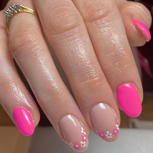 Short Almond Press On Nails Hot Pink Flower False Acrylic Manicure Kit 24Pcs