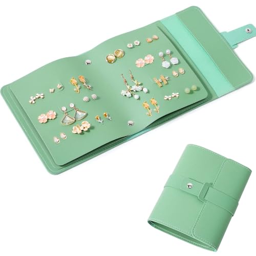 QBestry Travel Earring Organizer Book - 42 Pairs Waterproof PU Leather, Tangle-Free Storage, Compact Design for Women & Girls - Green