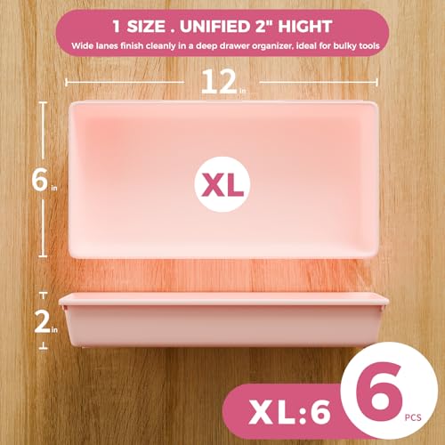 Extra-Large Pink Drawer Organizer Trays - 6-Piece Interlocking Storage Set