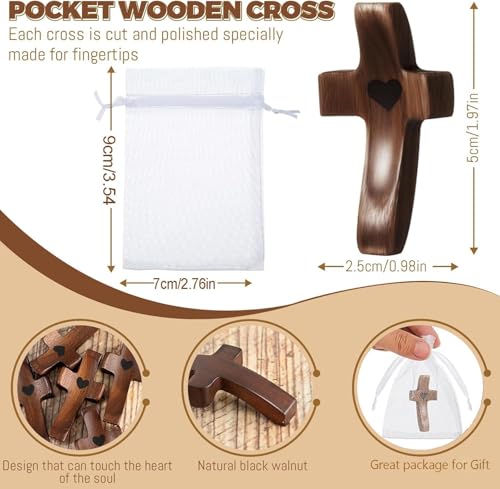 Brevynx Handmade Pocket Wooden Crosses - 3pc Set with Organza Bags