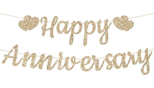 Pre-Strung Gold Glitter Happy Anniversary Banner | Wedding Decor