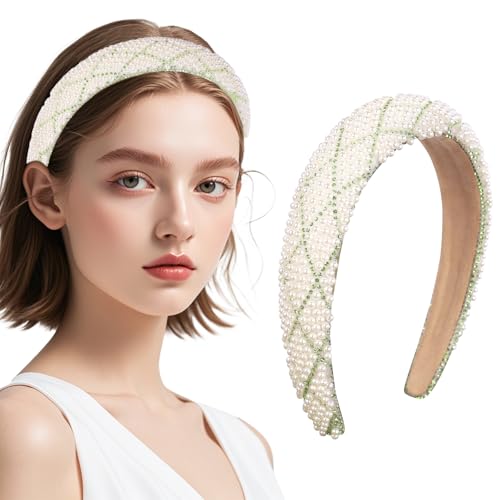 Green Pearl and Rhinestone Padded Headband for Women Bridal Hair