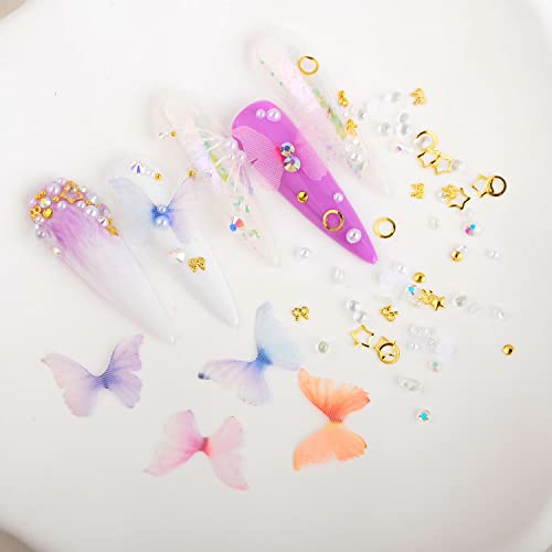 WEILUSI 4 Boxes Nail Art Rhinestones and Pearls Mix with Butterfly Charms