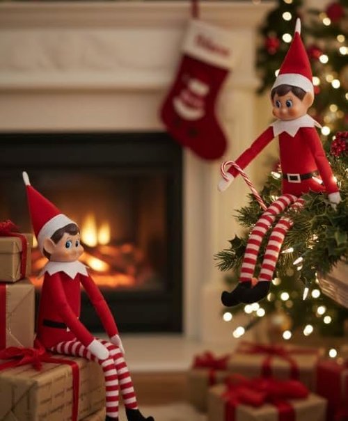 Lolli Lookout™ Christmas Elf Pair - Set of 2 Classic Plush Figurines | 14-Inch Red Holiday Shelf Sitters for Mantel Decor