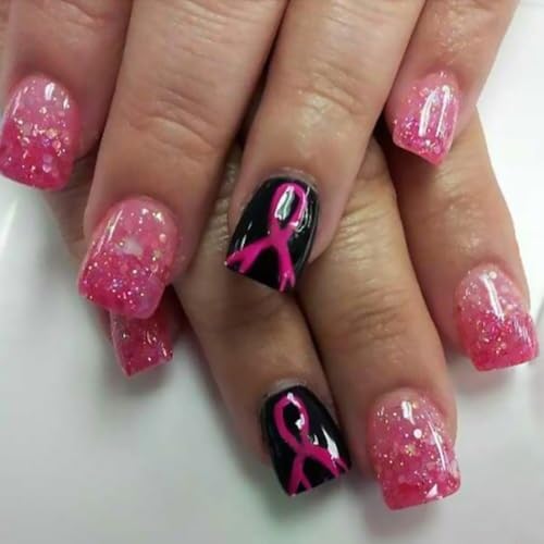 Breast Cancer Press on Nails Short Square Pink Ribbon False Nails