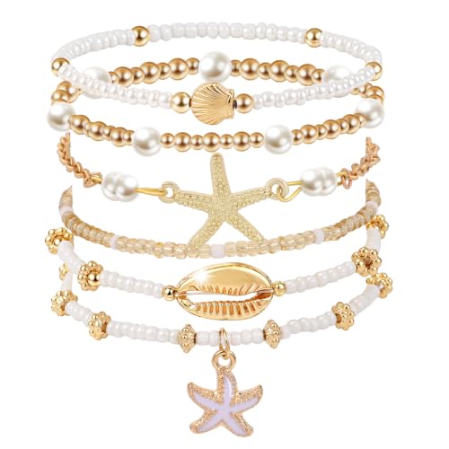 Starfish Bracelet Set - 6pcs Stackable Boho Seashell Beaded Surfer Jewelry