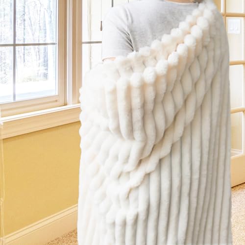 Vessia Cream Striped Flannel Fleece Throw Blanket 50x70 inch
