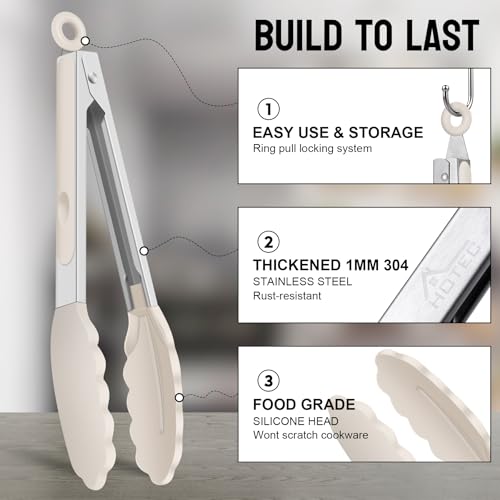 HOTEC Stainless Steel Locking Kitchen Tongs with Silicone Tips, Khaki, 2-Pack