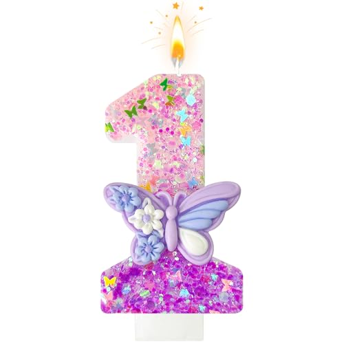 HXOUSE Butterfly Number 1 Birthday Candle - Pink & Purple Cake Topper