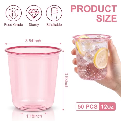 50 Pack 12oz Pink Plastic Cups - Disposable Party Drinkware